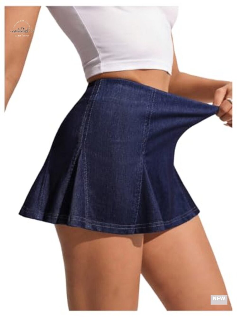 Women Denim Mini Skirt High Rise Pleated A Line Flared Hem Y2K Casual